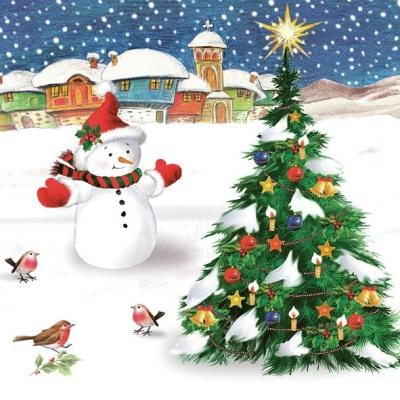 l Robins - & Robins marvel Rotkehlchen s émerveiller Snowman Weihnachtsbaum bestaunen devant den Christmas Noël Snowman tree - arbre & Schneemann de at the &